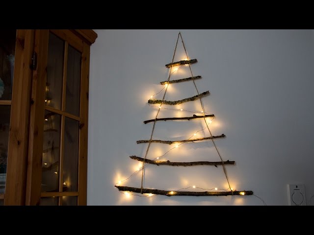 Rustic Twine-Hung Branch Wall Tree with String Lights — Wall Christmas Tree