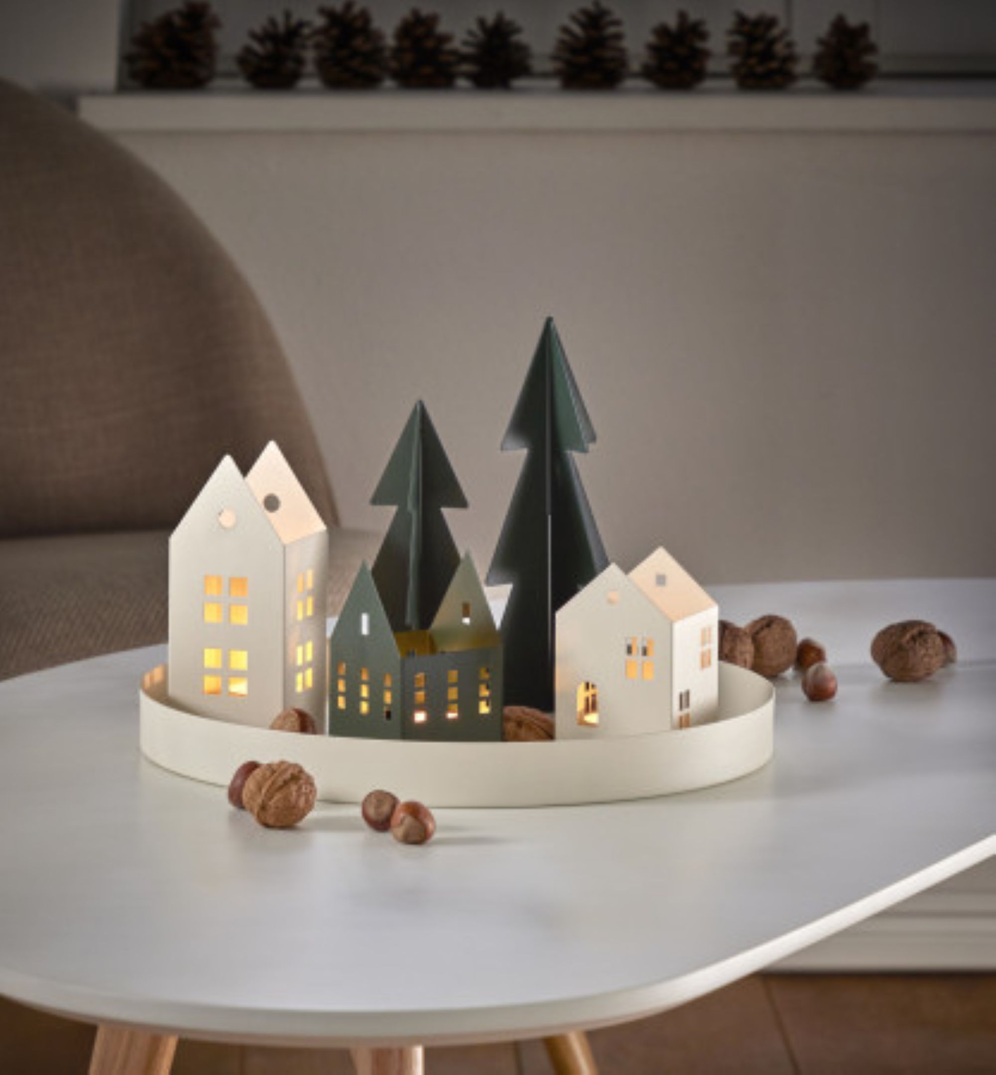 Geometric White and Green Village on a Round Tray — Christmas Village Display