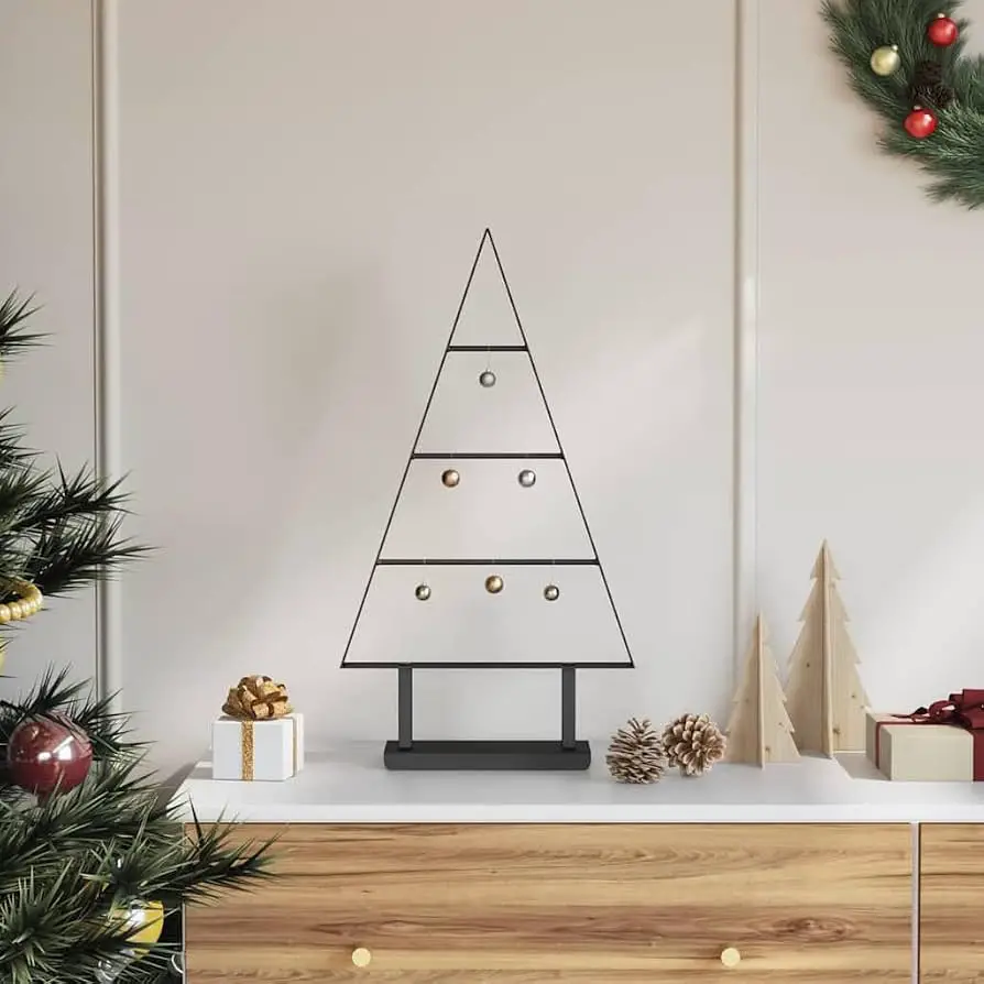 Geometric Black Metal Tree with Wooden Tree Accent — Minimalist Christmas Tree