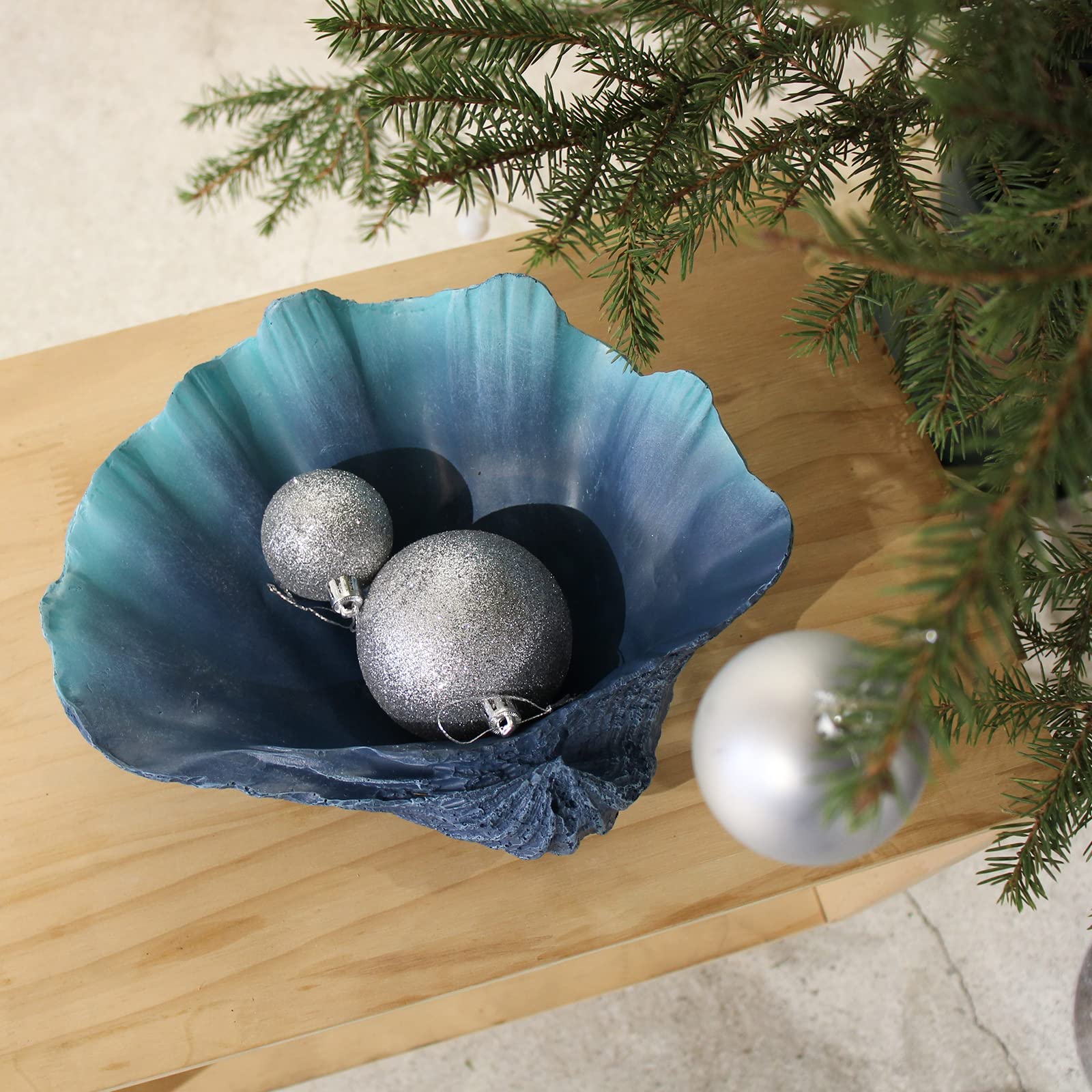 Textured Blue Shell Bowl with Silver Ornaments Textured Blue Shell Bowl with Silver Ornaments — Coastal Christmas Decor