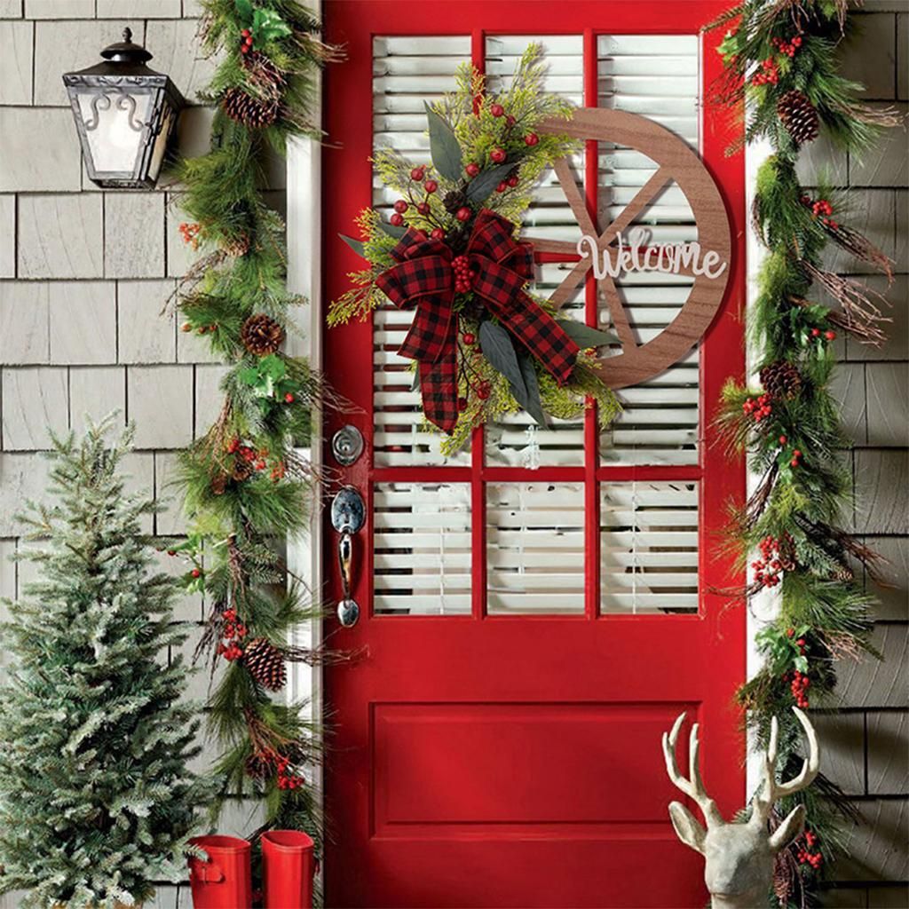 Festive Red Front Door with Wreath and Garland Festive Red Front Door with Wreath and Garland — Farmhouse Christmas Porch