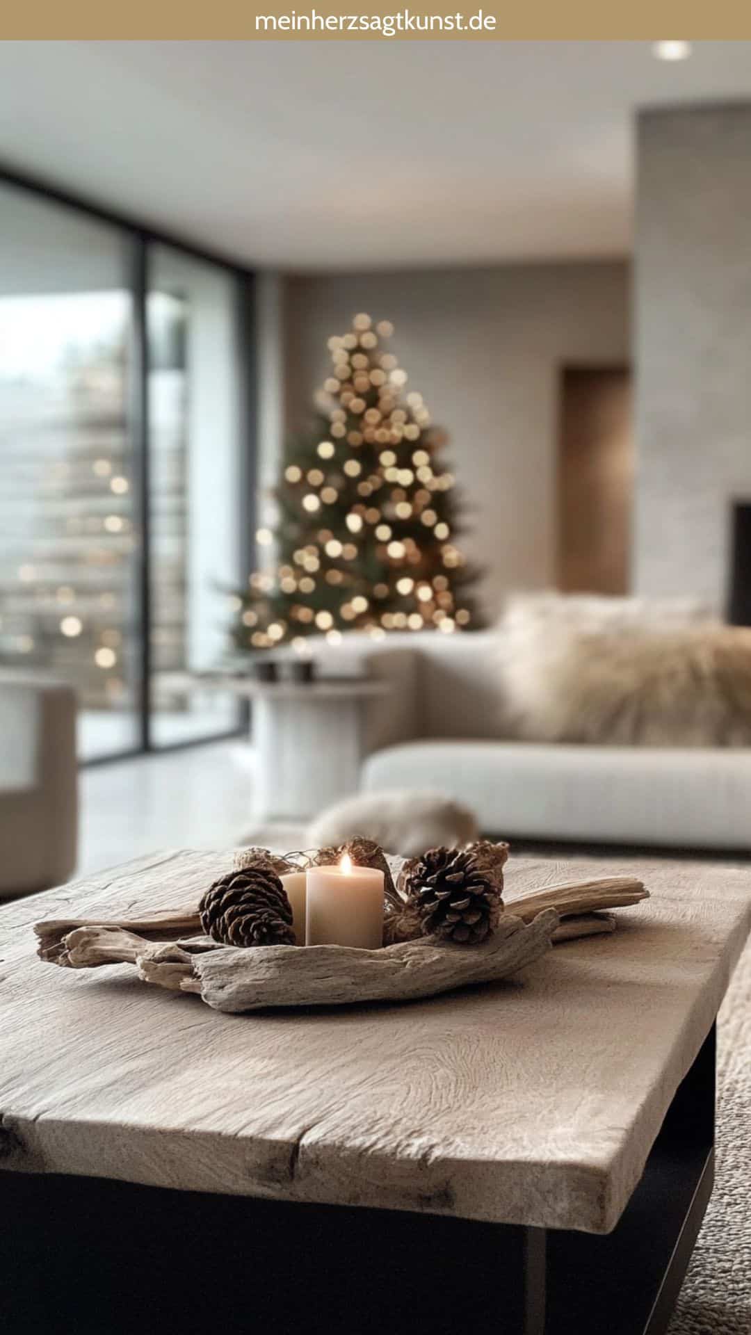 Modern Living Room with a Driftwood Centerpiece and Cozy Tree — Christmas Living Room Decor