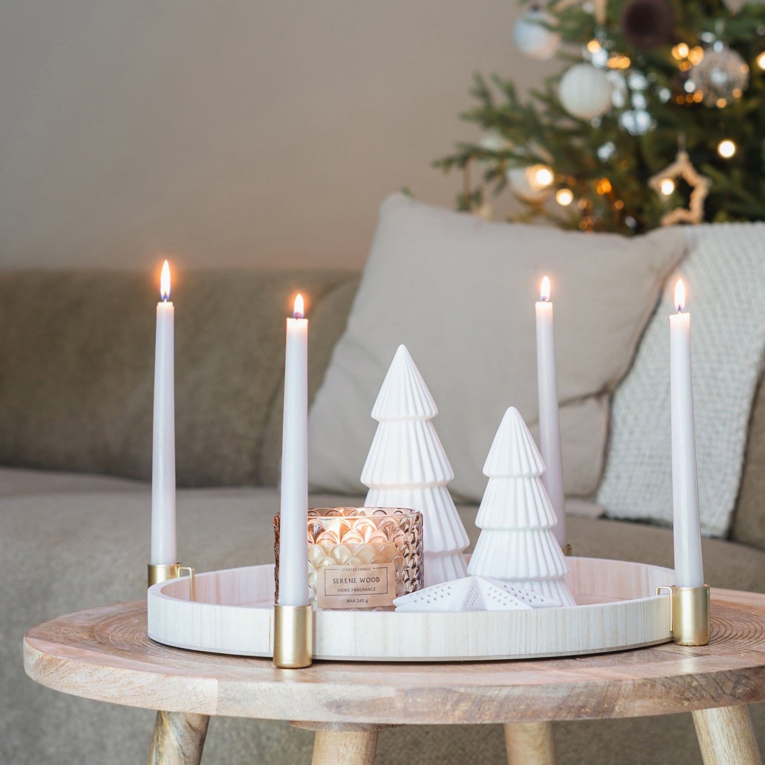 Modern Round Tray with Taper Candles and Geometric Ceramic Trees — Christmas Candle Decor