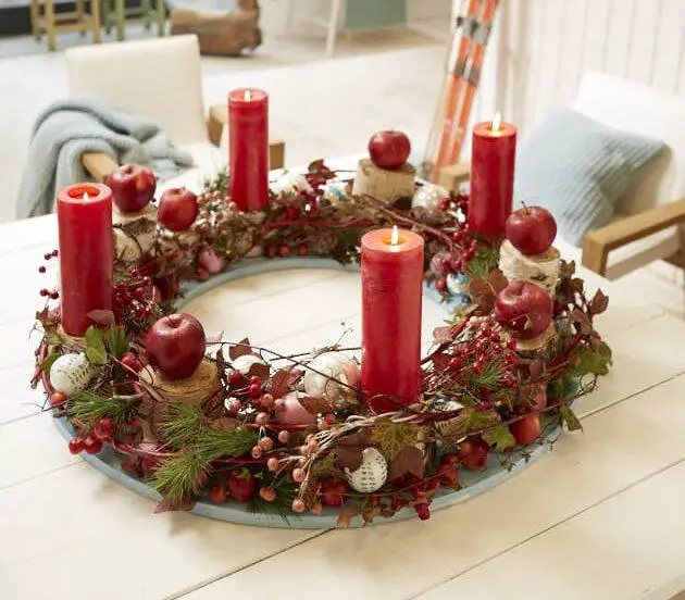 Rustic Red Pillar Candle Wreath Centerpiece — Red and Green Christmas Decor
