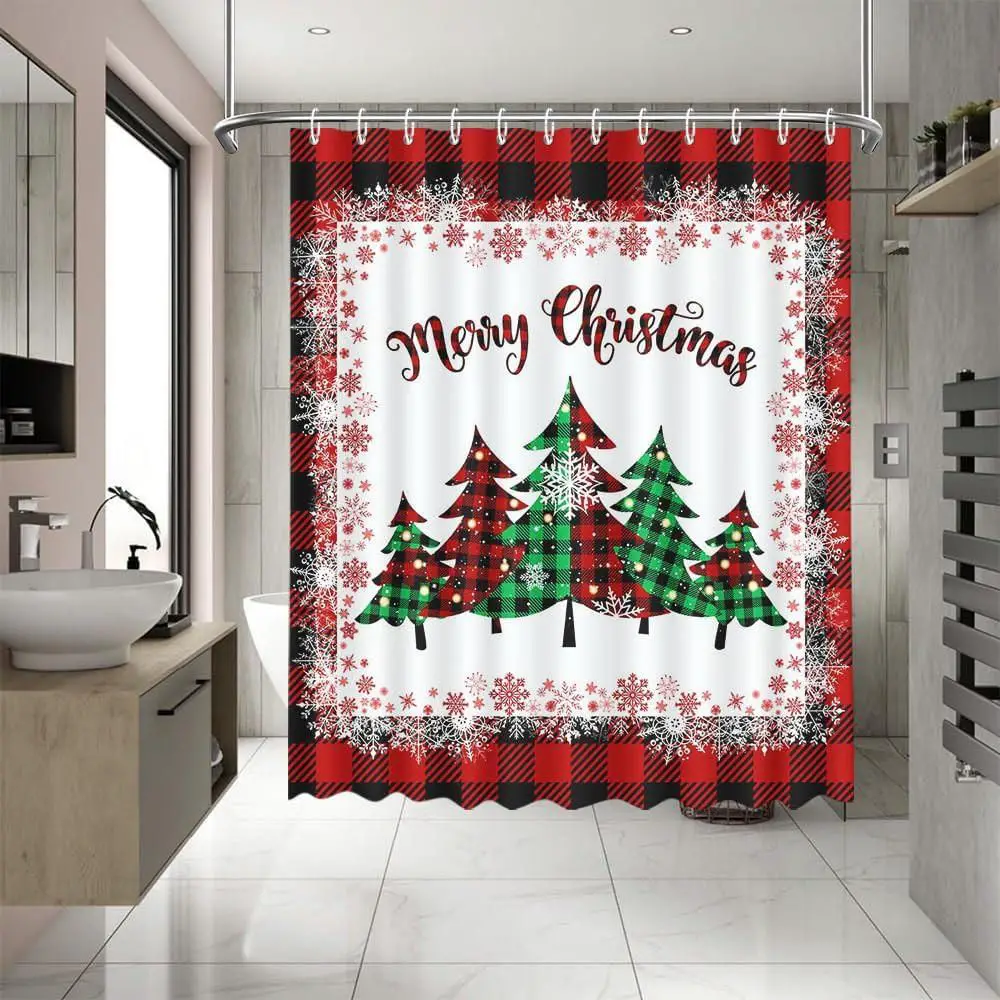 Rustic Red Buffalo Plaid Christmas Tree Shower Curtain — Christmas Bathroom Decor