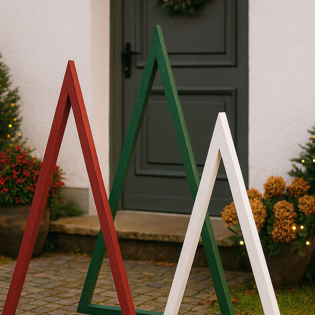 Outdoor Geometric Christmas Trees in Red, Green, and White — Minimalist Christmas Tree