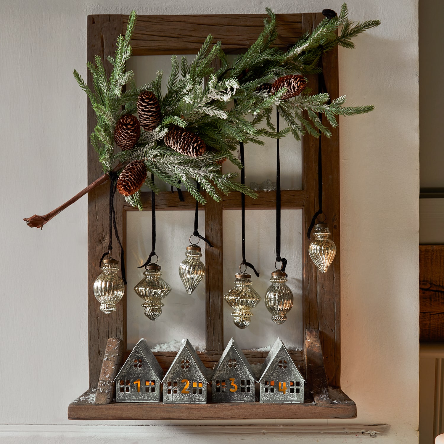Traditional Shelf with Pine Garland and Advent Houses Traditional Shelf with Pine Garland and Advent Houses — Christmas Shelf Decor