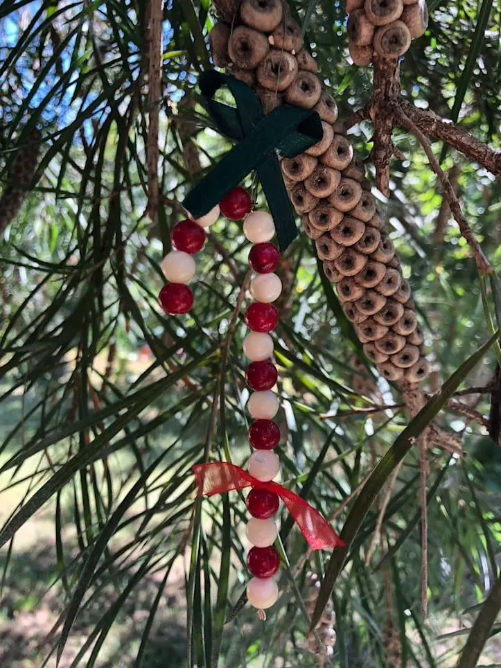 Intricate Beaded Candy Cane Ornament Outdoors Intricate Beaded Candy Cane Ornament Outdoors — Candy Cane Christmas Decor