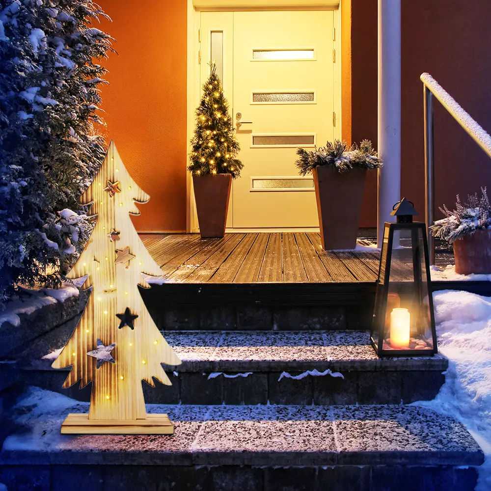 Rustic Wooden Tree with Star Cutouts on Snowy Steps Rustic Wooden Tree with Star Cutouts on Snowy Steps — Christmas Tree Lights