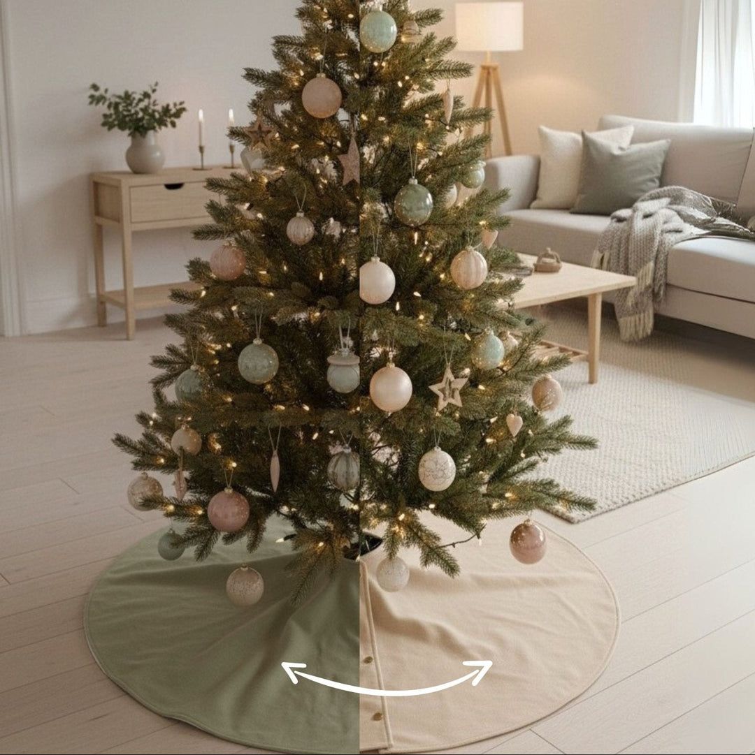 Reversible Sage Green and Beige Tree Skirt for Modern Scandi Homes Reversible Sage Green and Beige Tree Skirt for Modern Scandi Homes — Christmas Tree Skirt