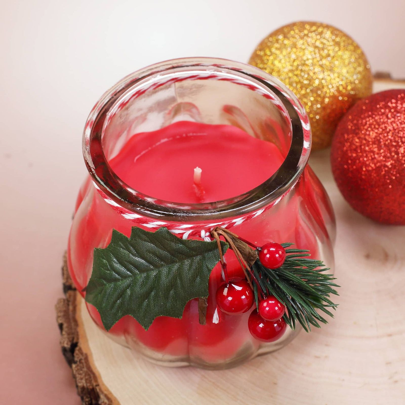 Rustic Red Jar Candle Embellished with Holly and Twine — Christmas Candle Decor