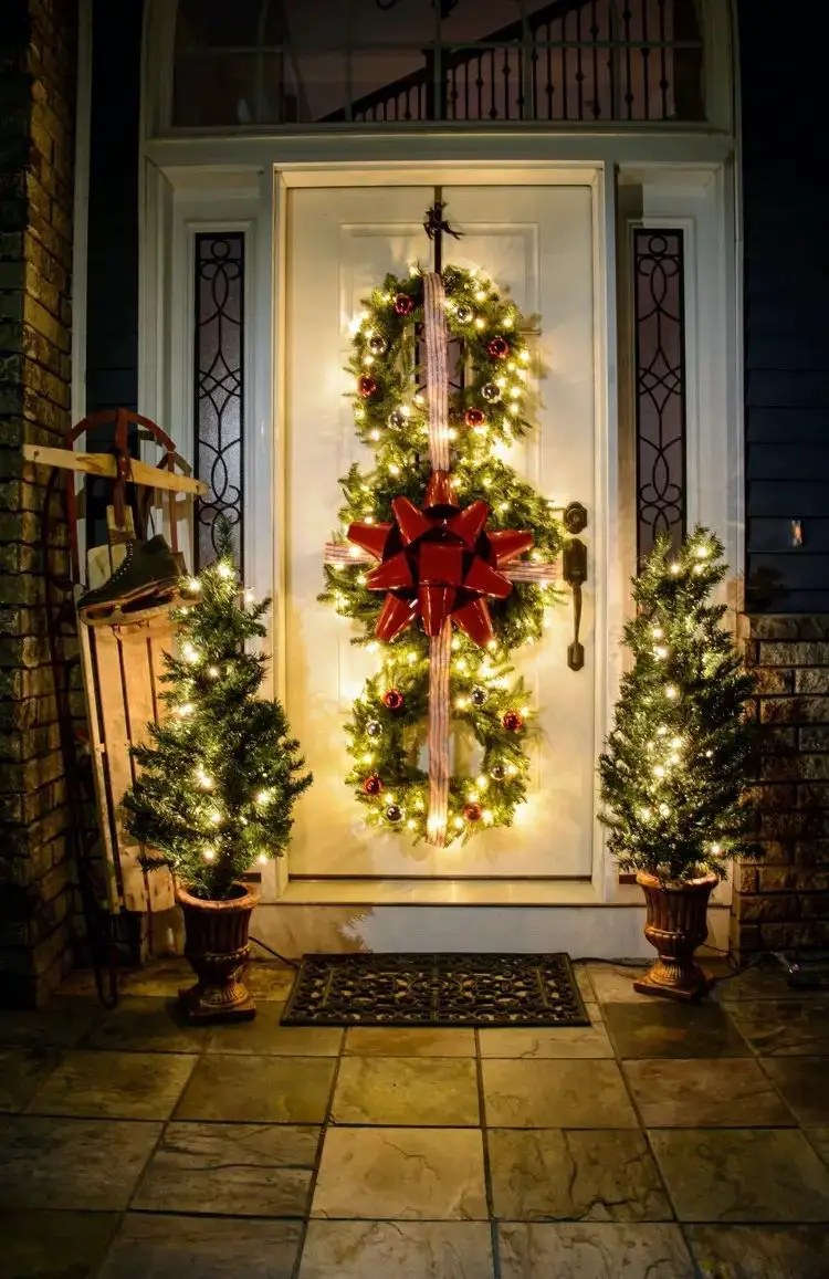 Illuminated Wreath and Mini Trees for a Nighttime Porch — Small Christmas Porch