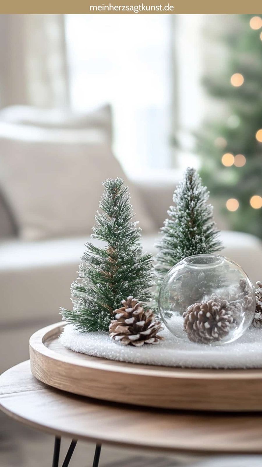 Modern Coffee Table with Snowy Miniature Trees and Pinecones Modern Coffee Table with Snowy Miniature Trees and Pinecones — Christmas Coffee Table Decor