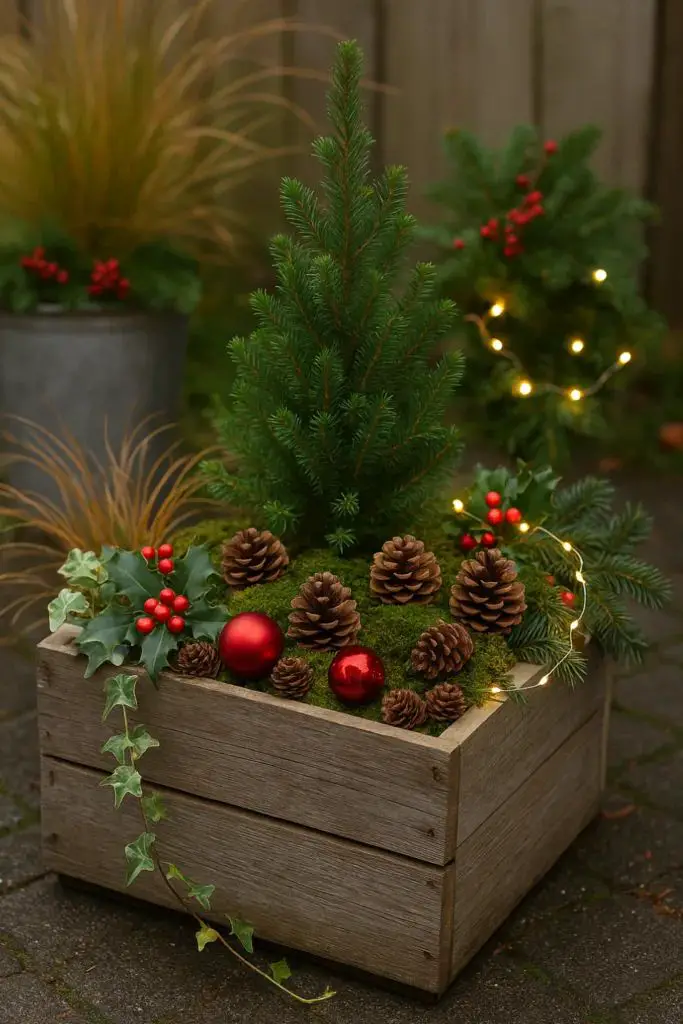Rustic Planter with Miniature Evergreen Tree and Festive Accents Rustic Planter with Miniature Evergreen Tree and Festive Accents — Winter Wonderland Christmas Tree