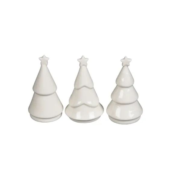 Three White Ceramic Christmas Trees of Varying Heights Three White Ceramic Christmas Trees of Varying Heights — White Christmas Tree Decor