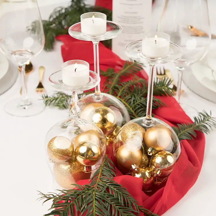 Festive Table Centerpiece with Wine Glass Candle Holders Festive Table Centerpiece with Wine Glass Candle Holders — Christmas Party Decor