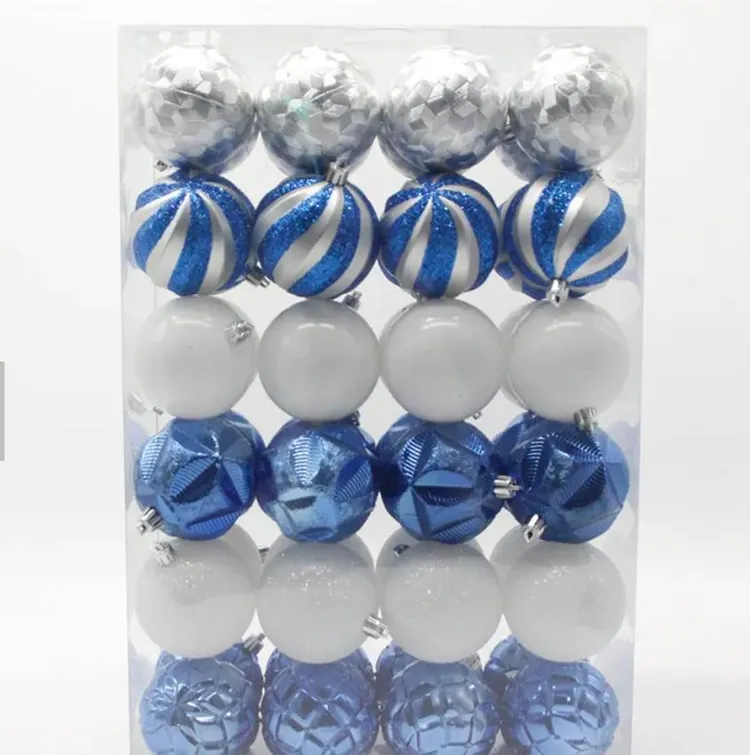 Grid of Blue, Silver, and White Plastic Ornaments — Blue and Silver Christmas Tree