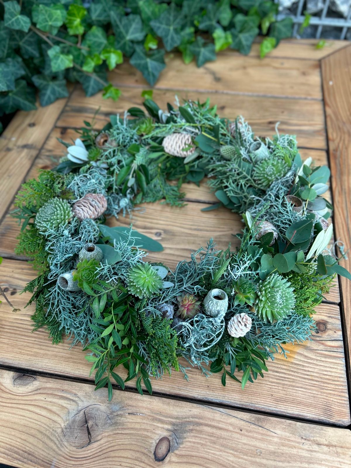Natural Greenery Wreath with Succulents and Dried Foliage — Christmas Wreath
