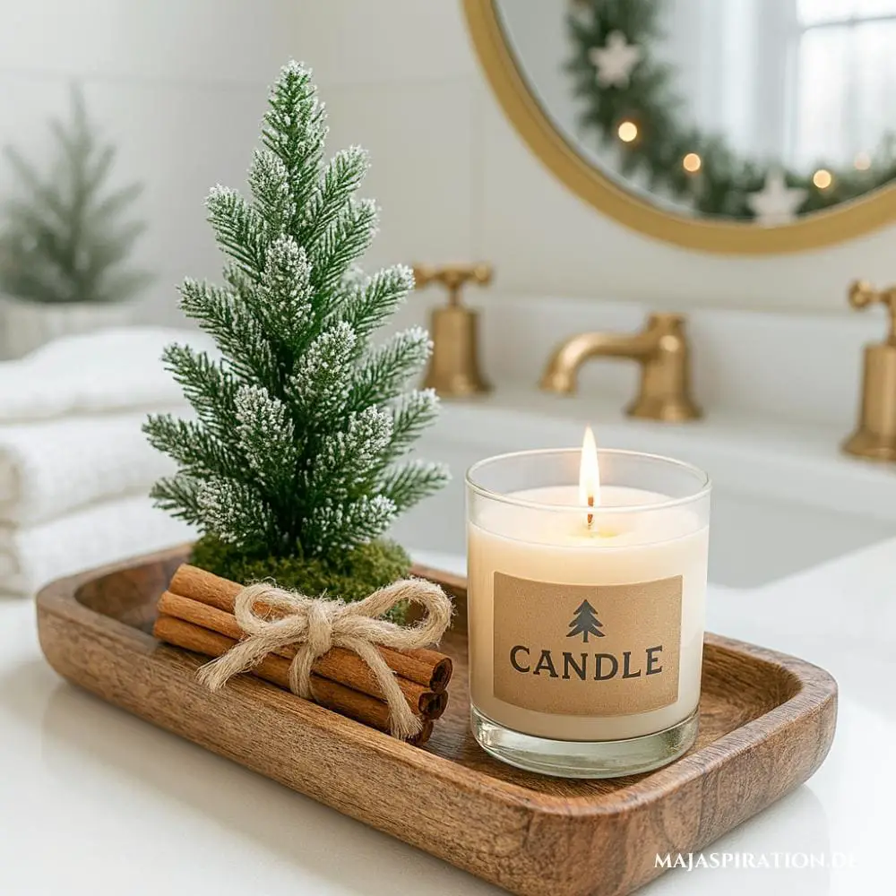 Frosted Mini Tree and Natural Accents on a Vanity — Tabletop Christmas Tree Decor