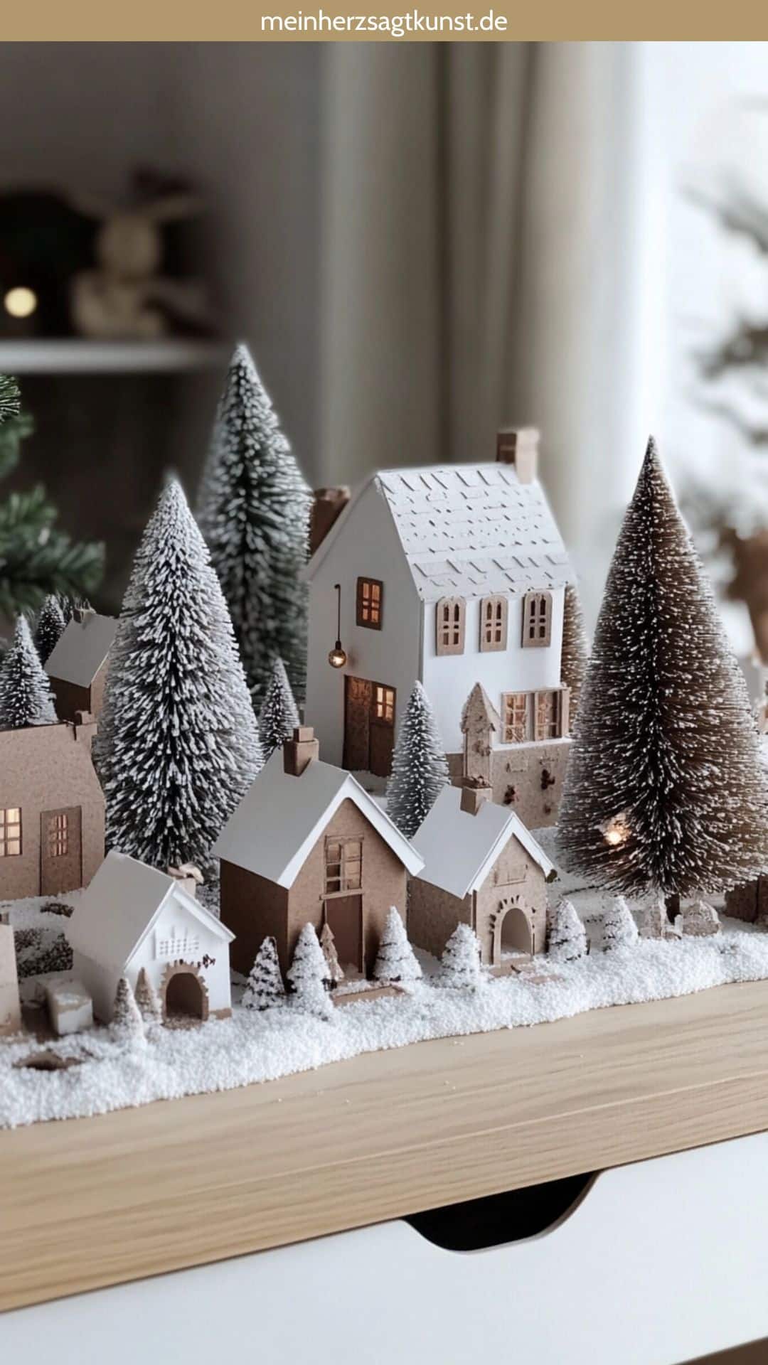 Cozy Illuminated Paper Village on Wooden Surface — Christmas Village Display