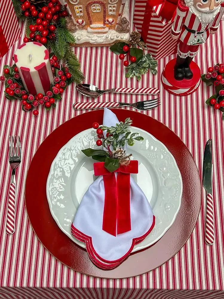 Dining Table Festive Table Setting with Striped Runners and Snowflake Details Dining Table Festive Table Setting with Striped Runners and Snowflake Details — Christmas Party Decor