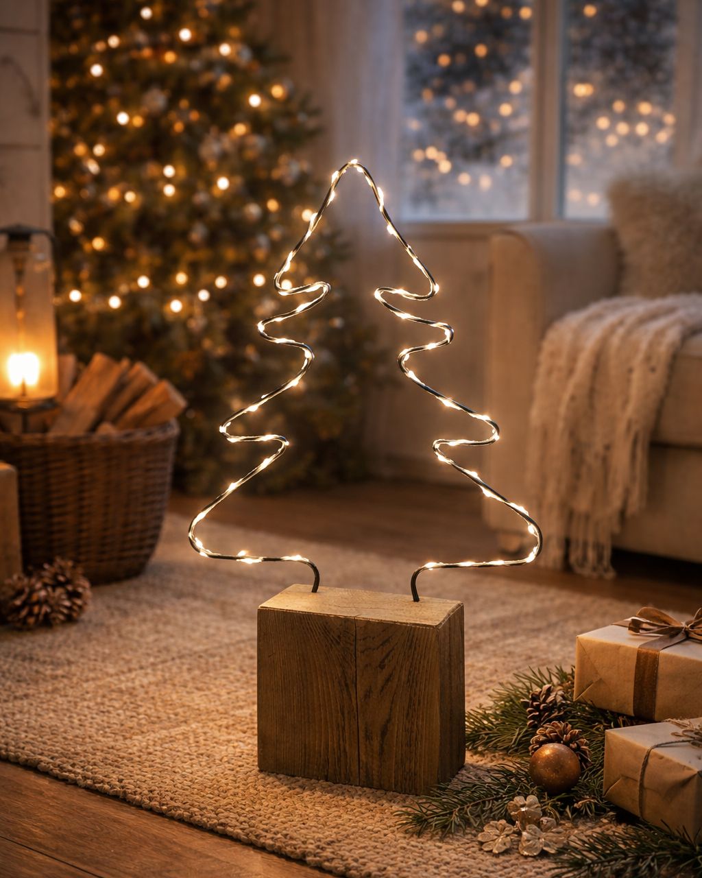 Minimalist Living Room with Illuminated Wireframe Christmas Tree Sculpture Minimalist Living Room with Illuminated Wireframe Christmas Tree Sculpture — Christmas Fairy Lights Living Room