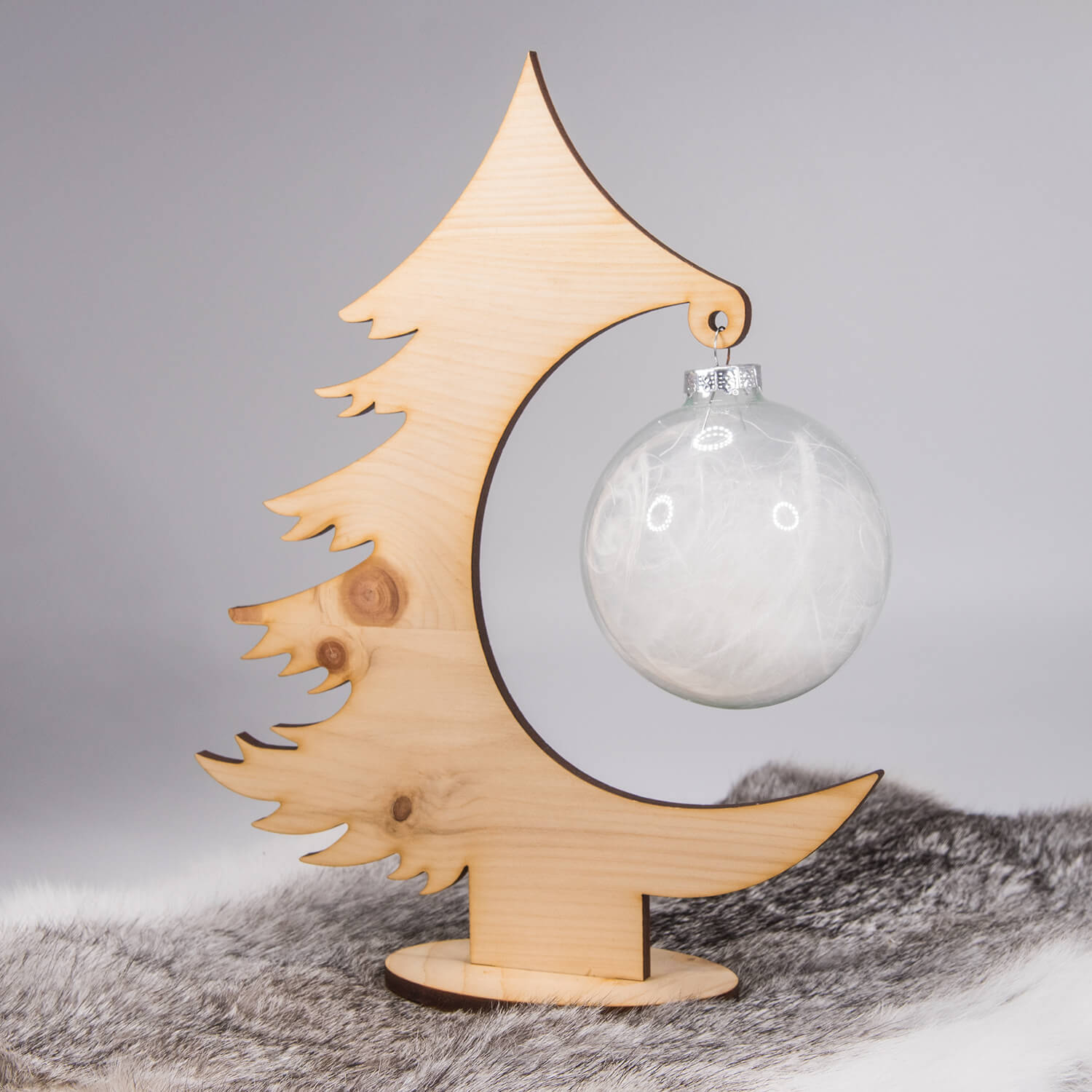 Abstract Wooden Tree Stand with Glass Ornament — Tabletop Christmas Tree Decor