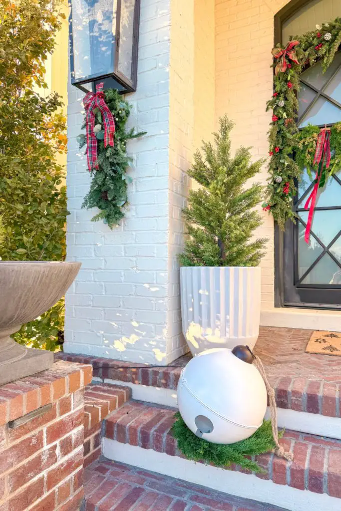Farmhouse Porch Steps with Large Spherical Ornament Farmhouse Porch Steps with Large Spherical Ornament — Farmhouse Christmas Porch