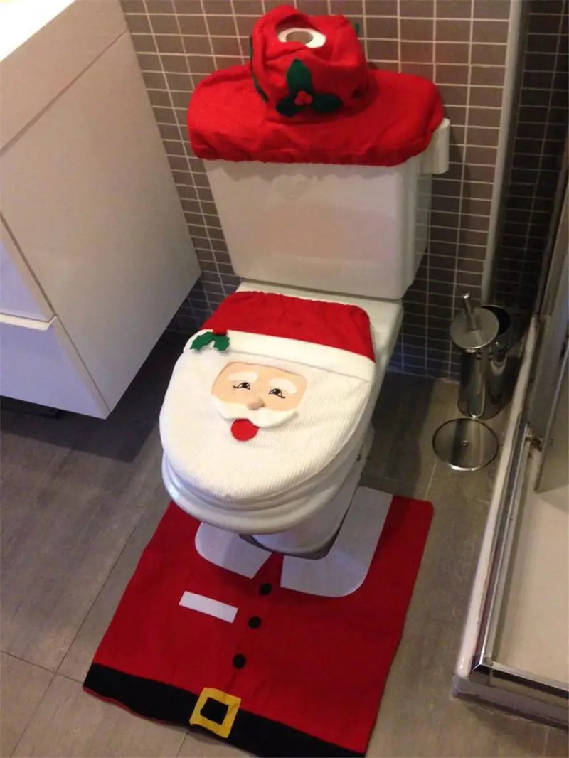 Festive Santa Claus Themed Toilet Seat Cover and Rug Set — Christmas Bathroom Decor