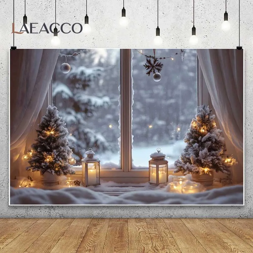 Winter Wonderland Vignette Backdrop with Miniature Trees and Lanterns — Christmas Party Backdrop