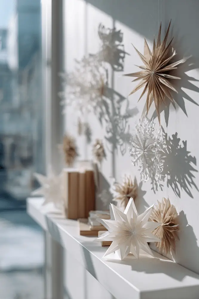 Scandinavian Shelf Display with Paper Starbursts Scandinavian Shelf Display with Paper Starbursts — Christmas Shelf Decor