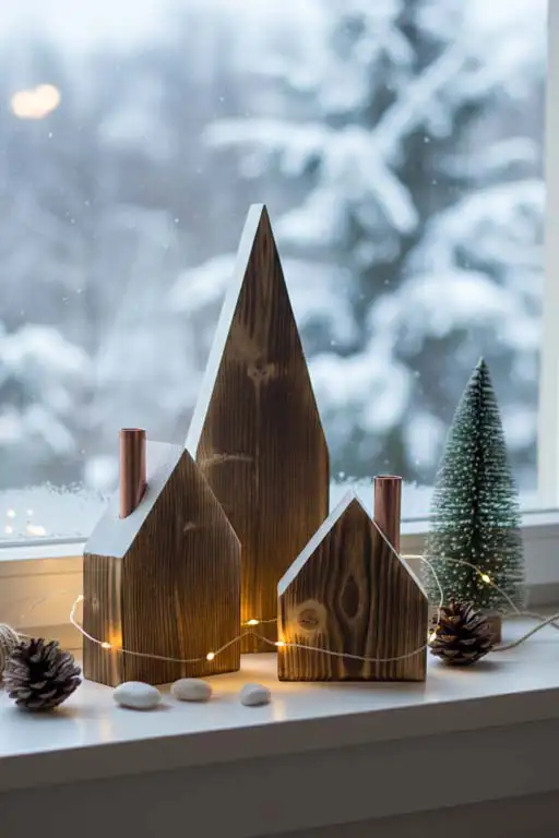 Charming Farmhouse Windowsill with Wooden Houses and Lights — Rustic Christmas Decor
