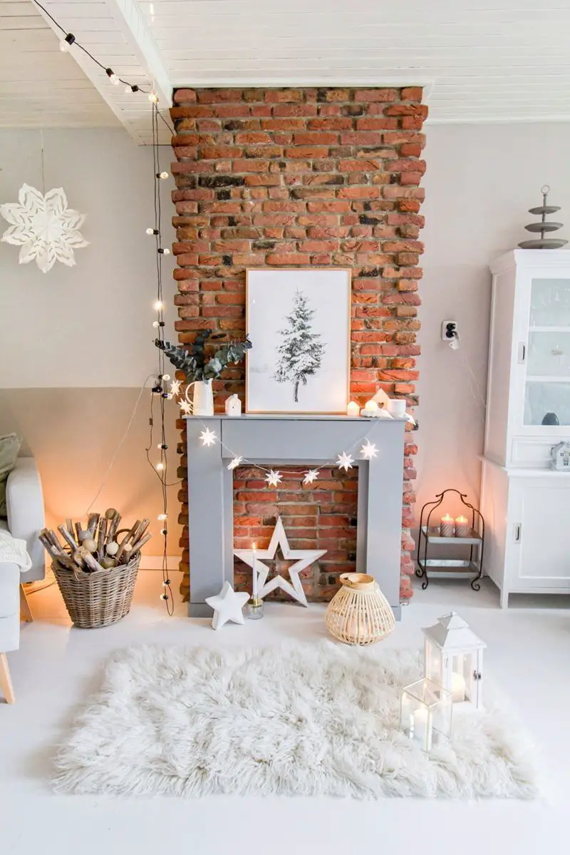 Modern Farmhouse Brick Fireplace with Star Ornaments — Christmas Fireplace Decor