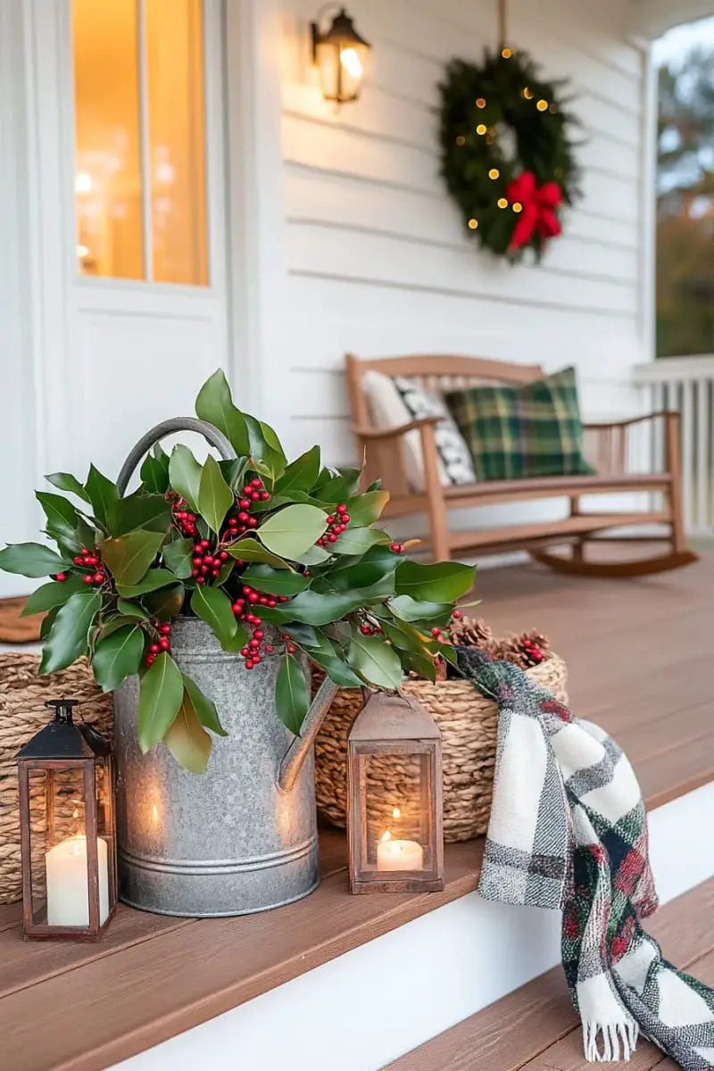 Farmhouse Porch with Galvanized Watering Can and Holly Farmhouse Porch with Galvanized Watering Can and Holly — Farmhouse Christmas Porch