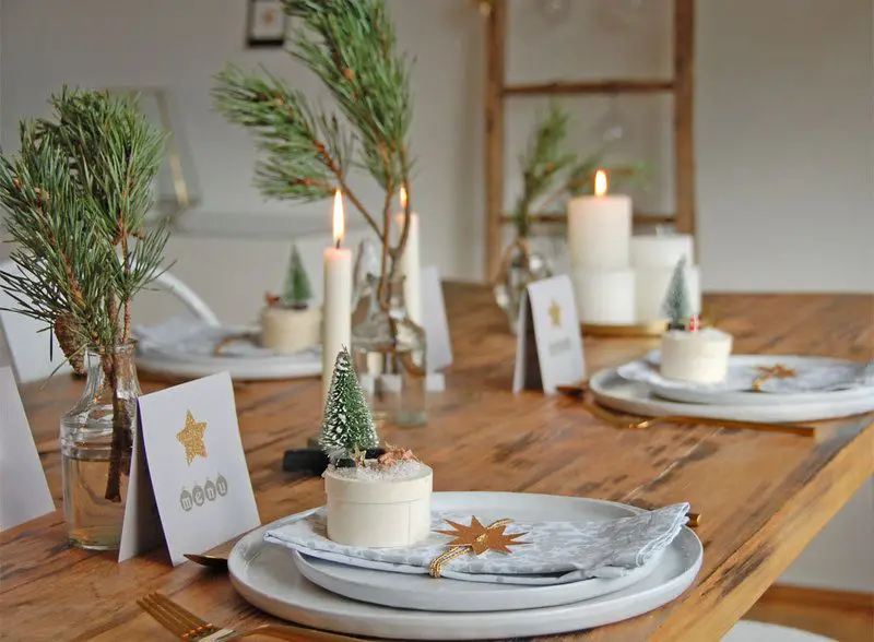 Modern Rustic Table with Miniature Trees and Gold Star Napkin Rings — Christmas Table Setting
