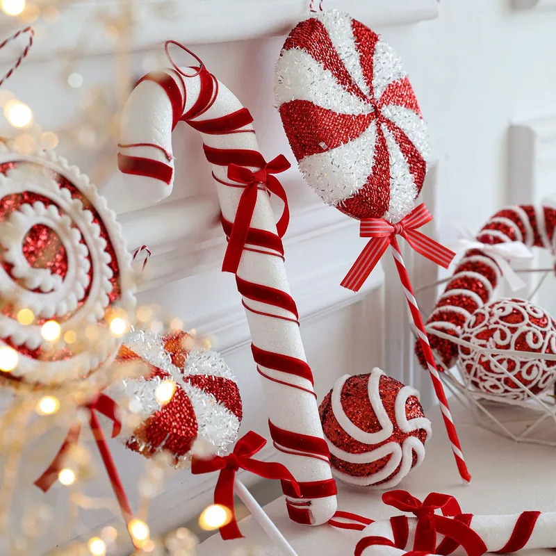 Vignette Display of Whimsical Candy Cane Ornaments — Candy Cane Christmas Tree