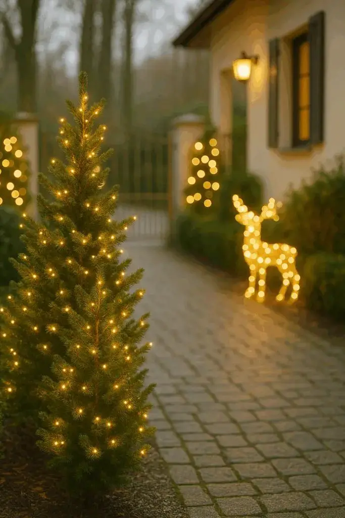 Festive Outdoor Pathway Illuminated by a Christmas Tree and Reindeer Festive Outdoor Pathway Illuminated by a Christmas Tree and Reindeer — Cozy Christmas Decor