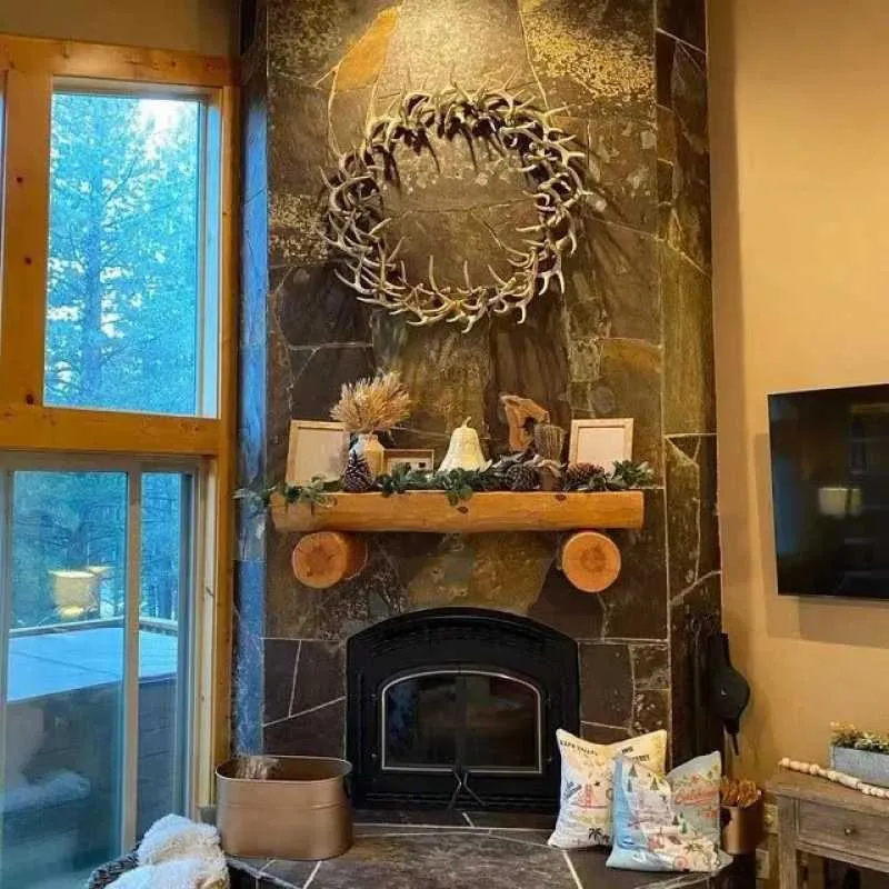 Antler Wreath and Natural Elements on Rustic Farmhouse Mantel — Farmhouse Christmas Mantel