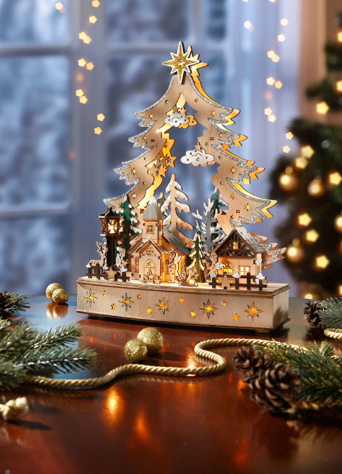Illuminated Wooden Christmas Tree Scene Vignette Illuminated Wooden Christmas Tree Scene Vignette — Winter Wonderland Christmas Tree
