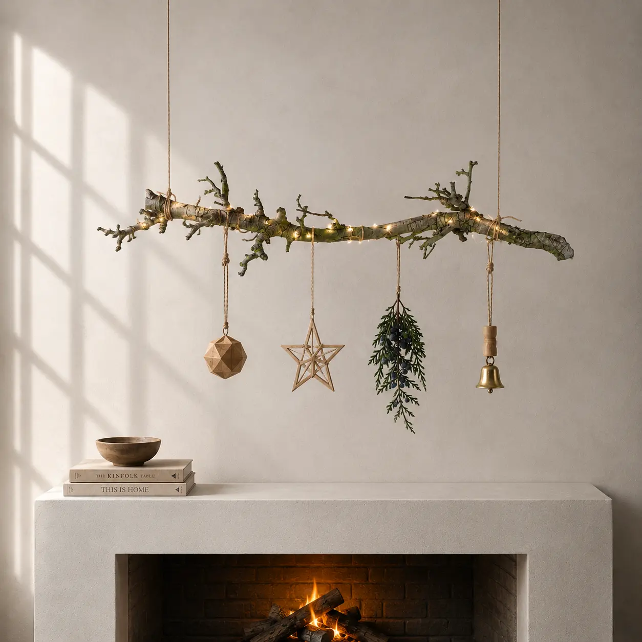 Natural Branch Garland with Rustic Ornaments and String Lights — Christmas Garland
