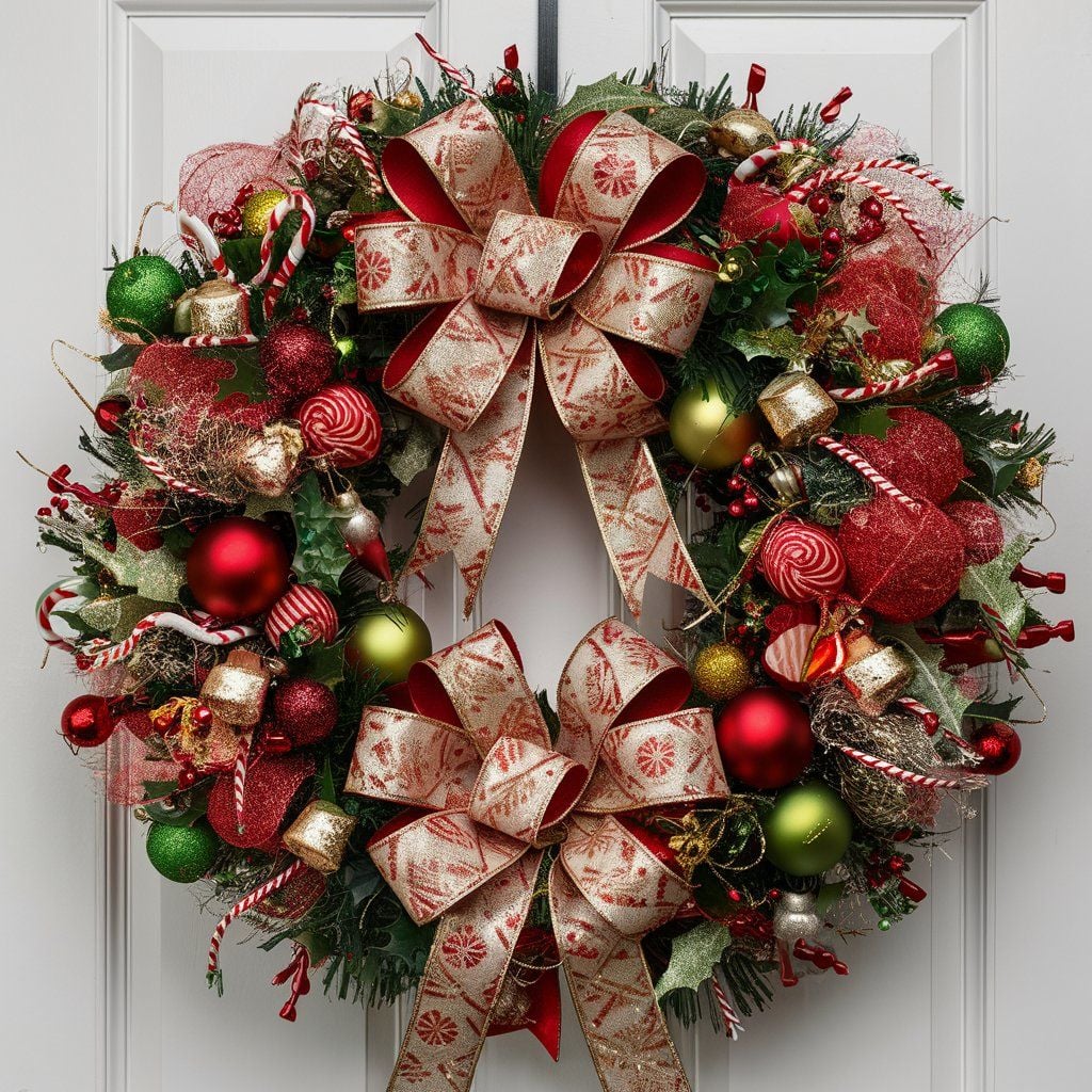 Festive Christmas Wreath with Red and Gold Bows on a White Door Festive Christmas Wreath with Red and Gold Bows on a White Door — Red and Gold Christmas Decor