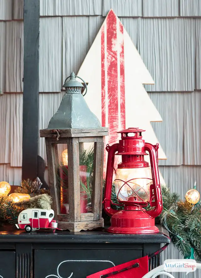Mix Red and Grey Lanterns in a Rustic Vignette — Christmas Porch Lanterns