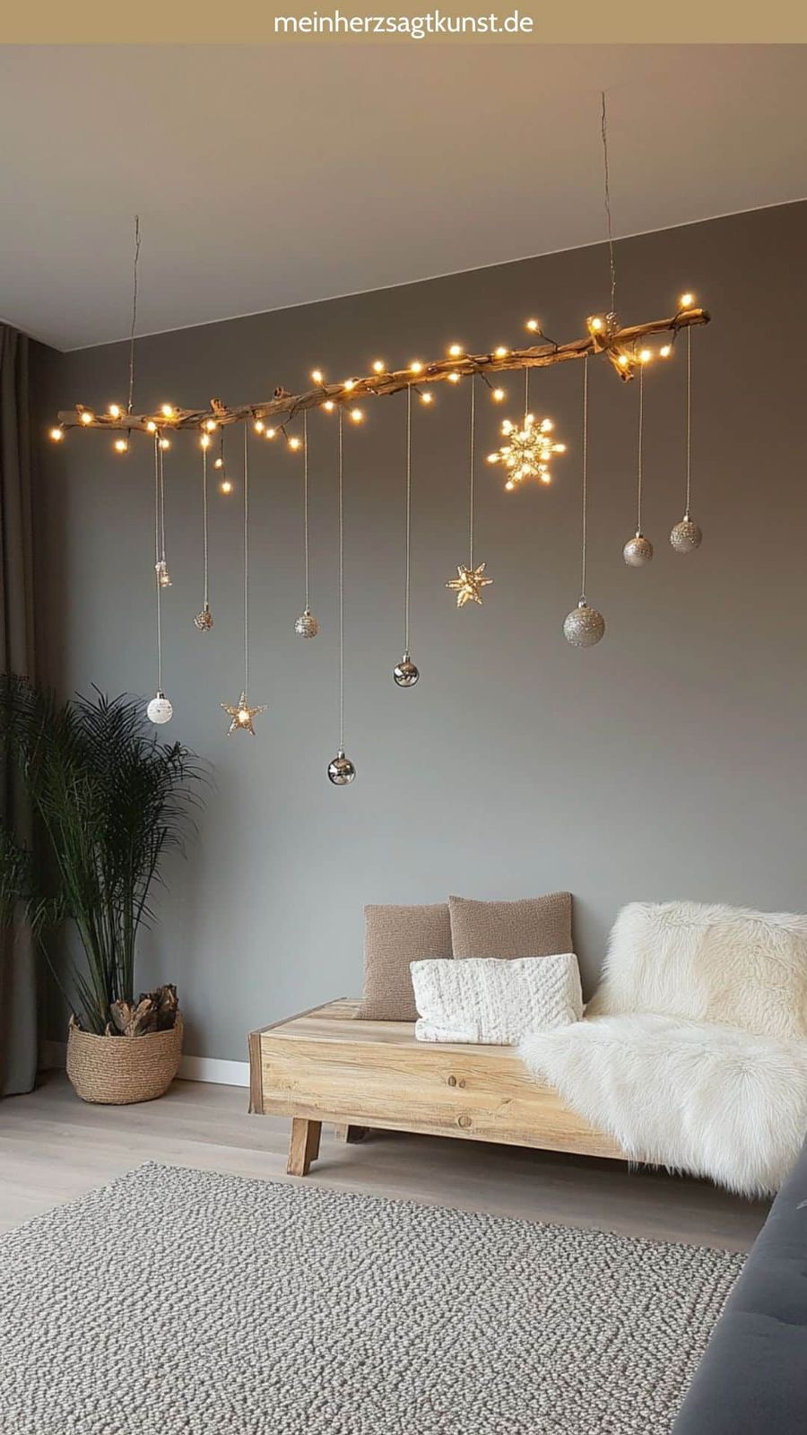 Modern Living Room with a Suspended Branch Draped in Fairy Lights Modern Living Room with a Suspended Branch Draped in Fairy Lights — Christmas Fairy Lights Living Room