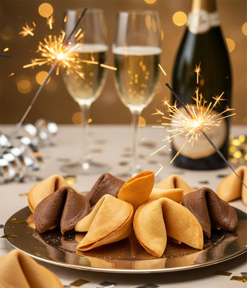 Happy New Year Schoko-Vanille Glückskekse | Silvester Geschenk & Tischdeko mit Sprüchen | vegan & laktosefrei | 8 Stück | Glücksbringer zum Jahreswechsel : Amazon.de: Lebensmittel & Getränke