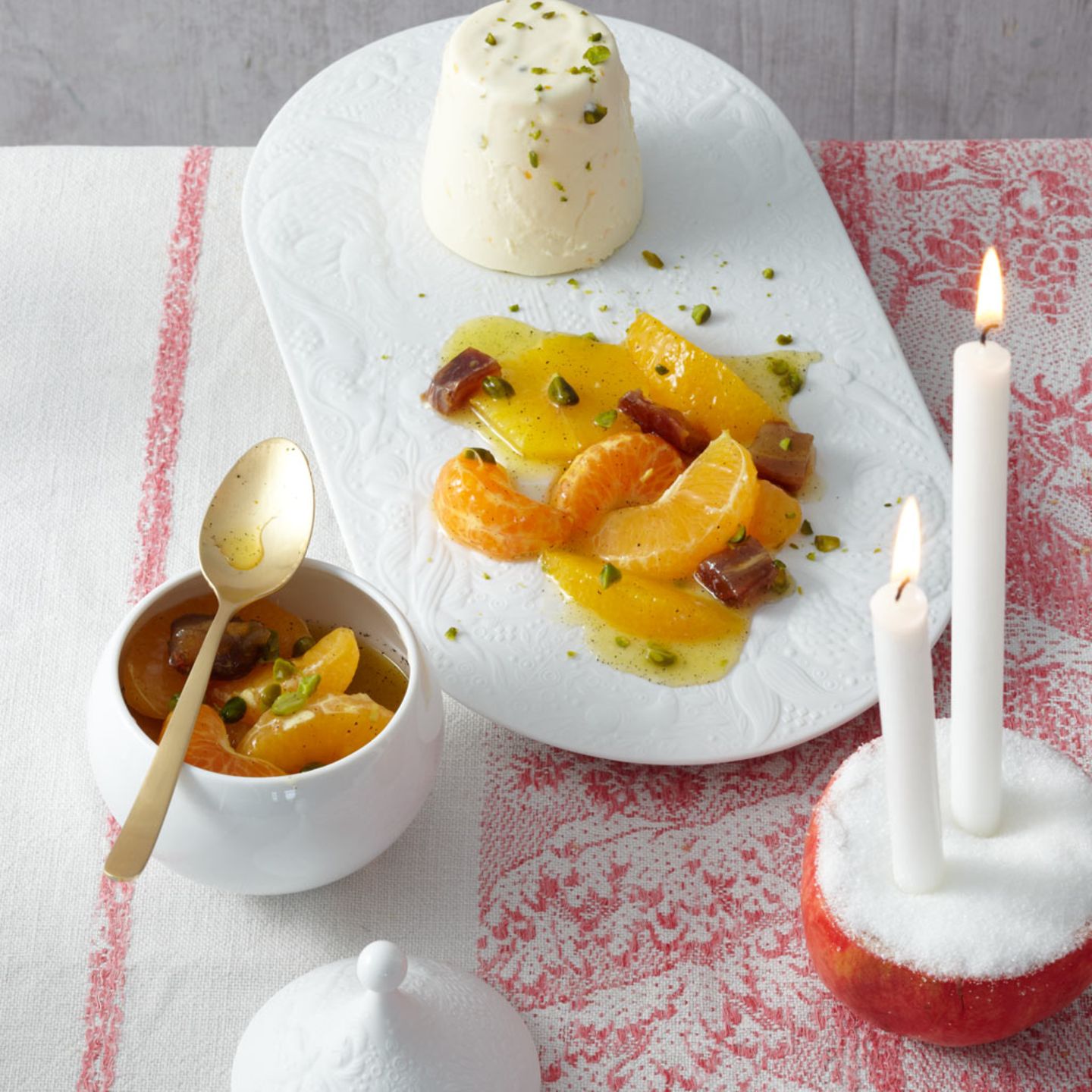Candlelit Mandarin Orange Dessert with Pistachios — Christmas Dessert Table