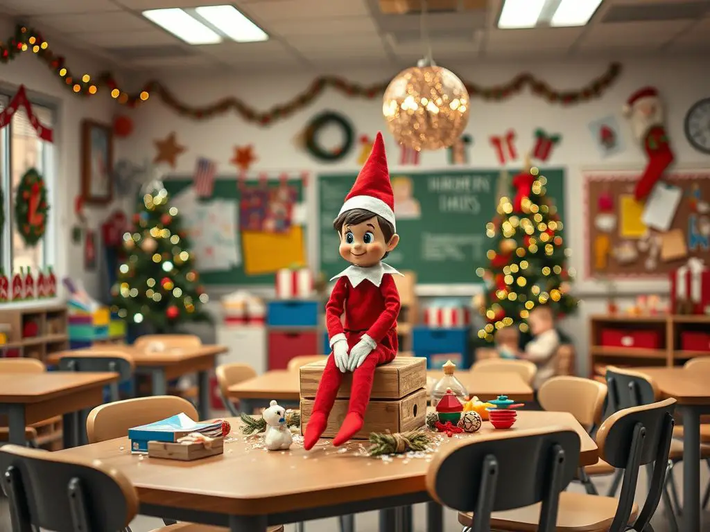 Classroom Decorated with Elf Figure and Garlands Classroom Decorated with Elf Figure and Garlands — Christmas Classroom Decor