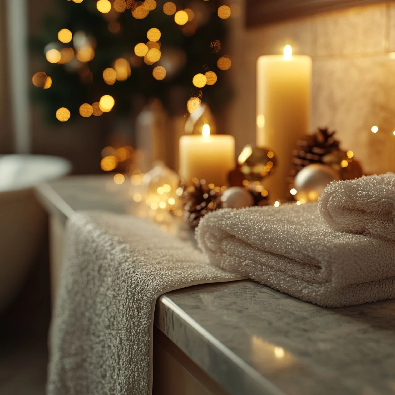 Cozy Countertop Decor with Glowing Candles and String Lights — Christmas Bathroom Decor
