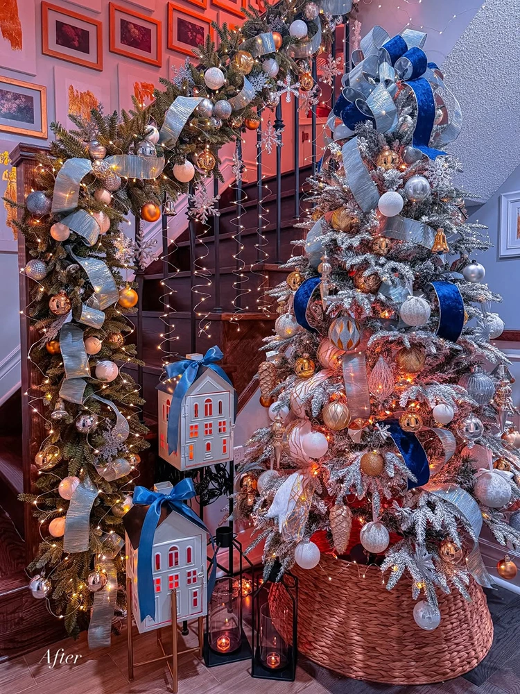 Heavily Decorated Staircase with Garland, Tree, and Lanterns — Christmas Stair Garland