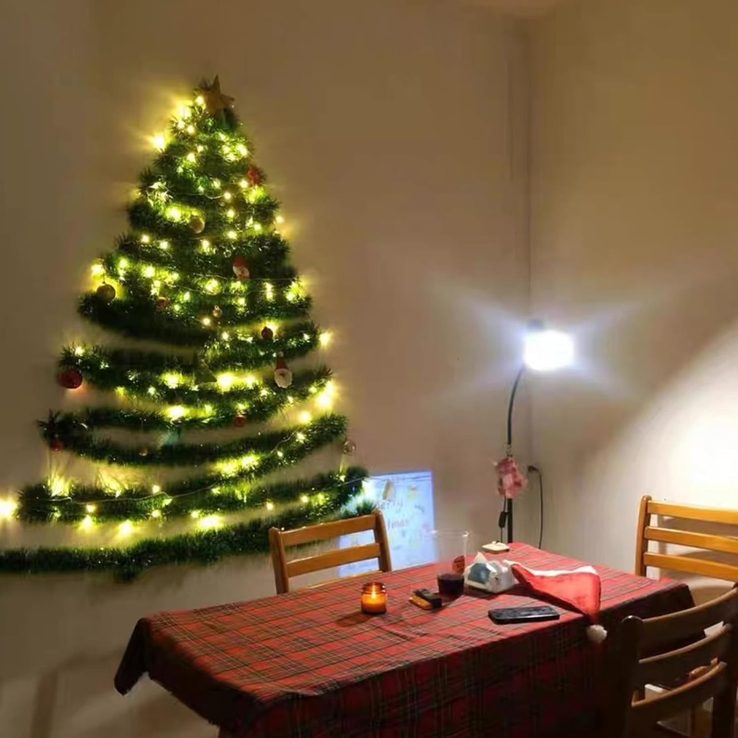 Traditional Tinsel Wall Tree with Red Plaid Dining Room Accents — Wall Christmas Tree