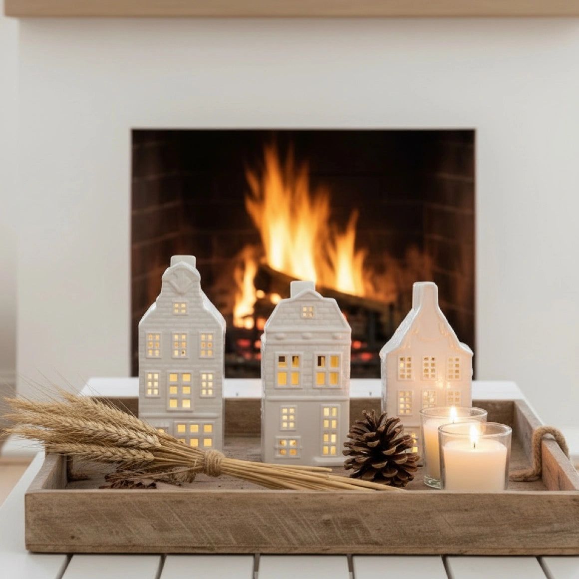 Cozy Vignette with Glowing Ceramic Lanterns — Christmas Fireplace Decor